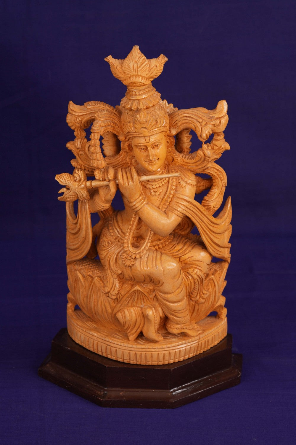 Image of Wooden Lord Krishna Sitting Sculpture
